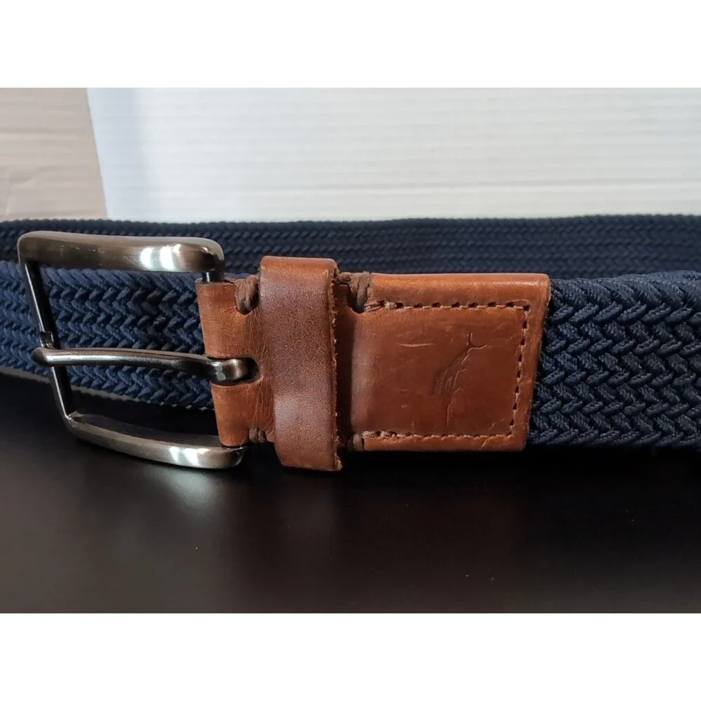 TOMMY BAHAMA MEN'S STRETCH CASUAL BELT L/XL (38-42) NAVY BLUE/LEATHER  EUC
